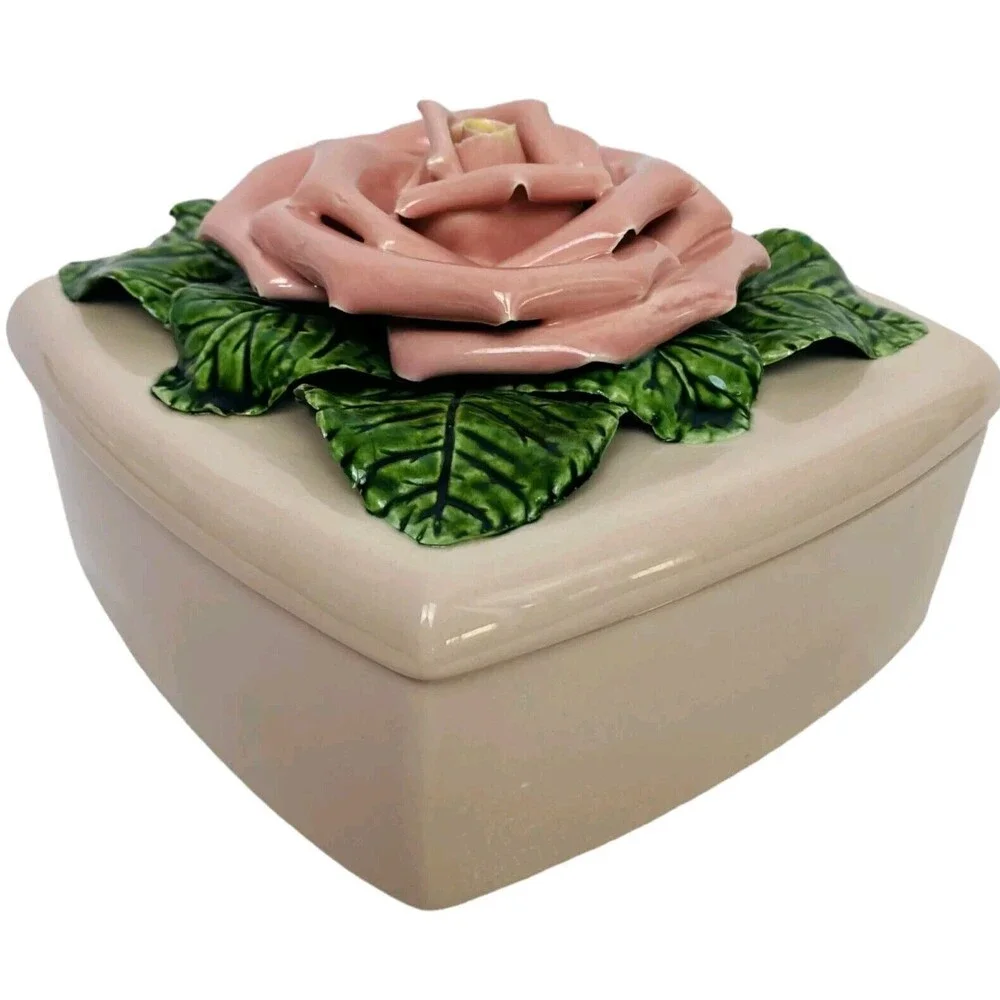 Vintage Valley Vista California Pottery Ceramic Lidded Trinket Box Raised Rose